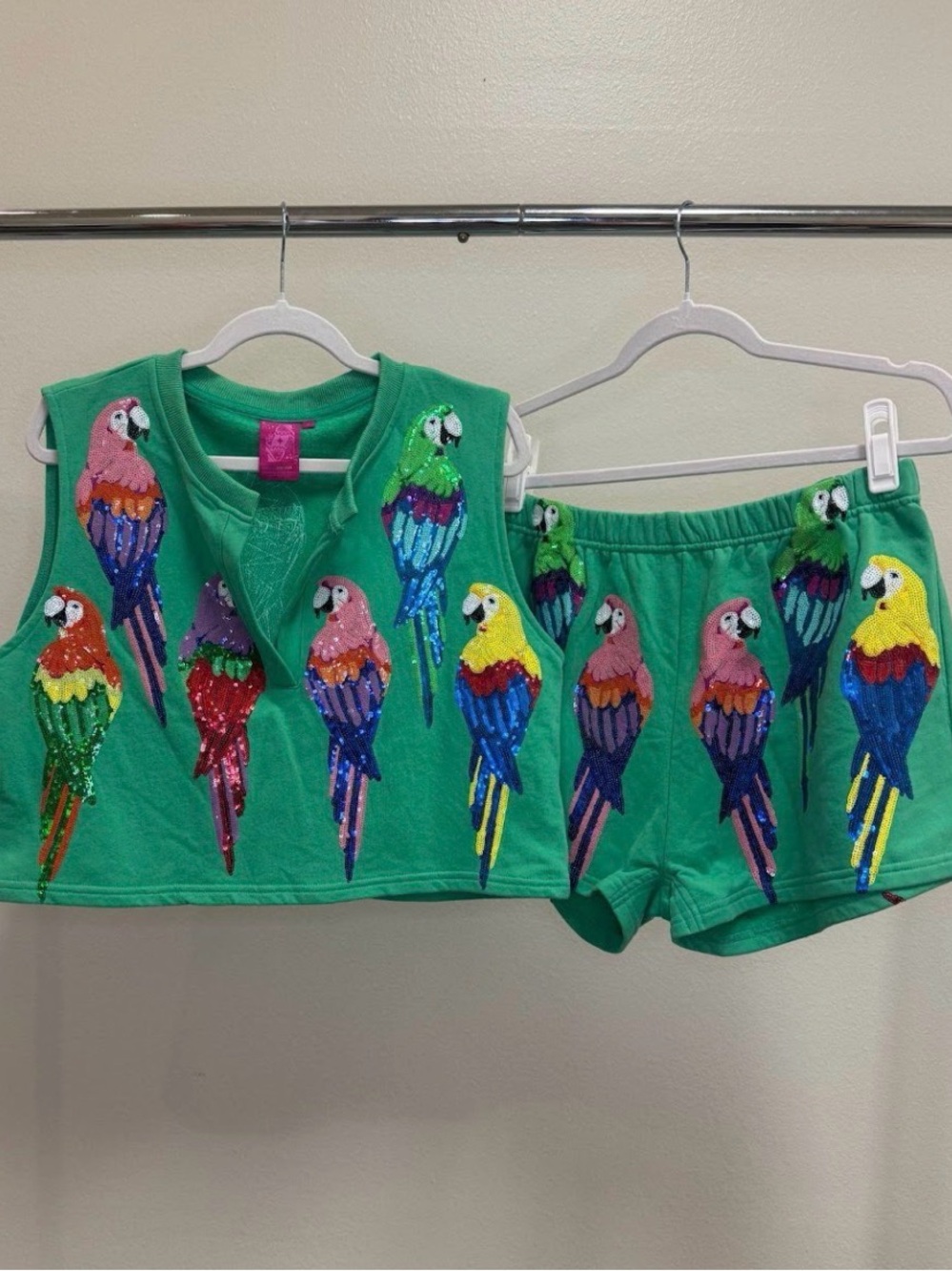 QUEEN OF SPARKLES Green Sequin Parrot Muscle Tee & Shorts Set